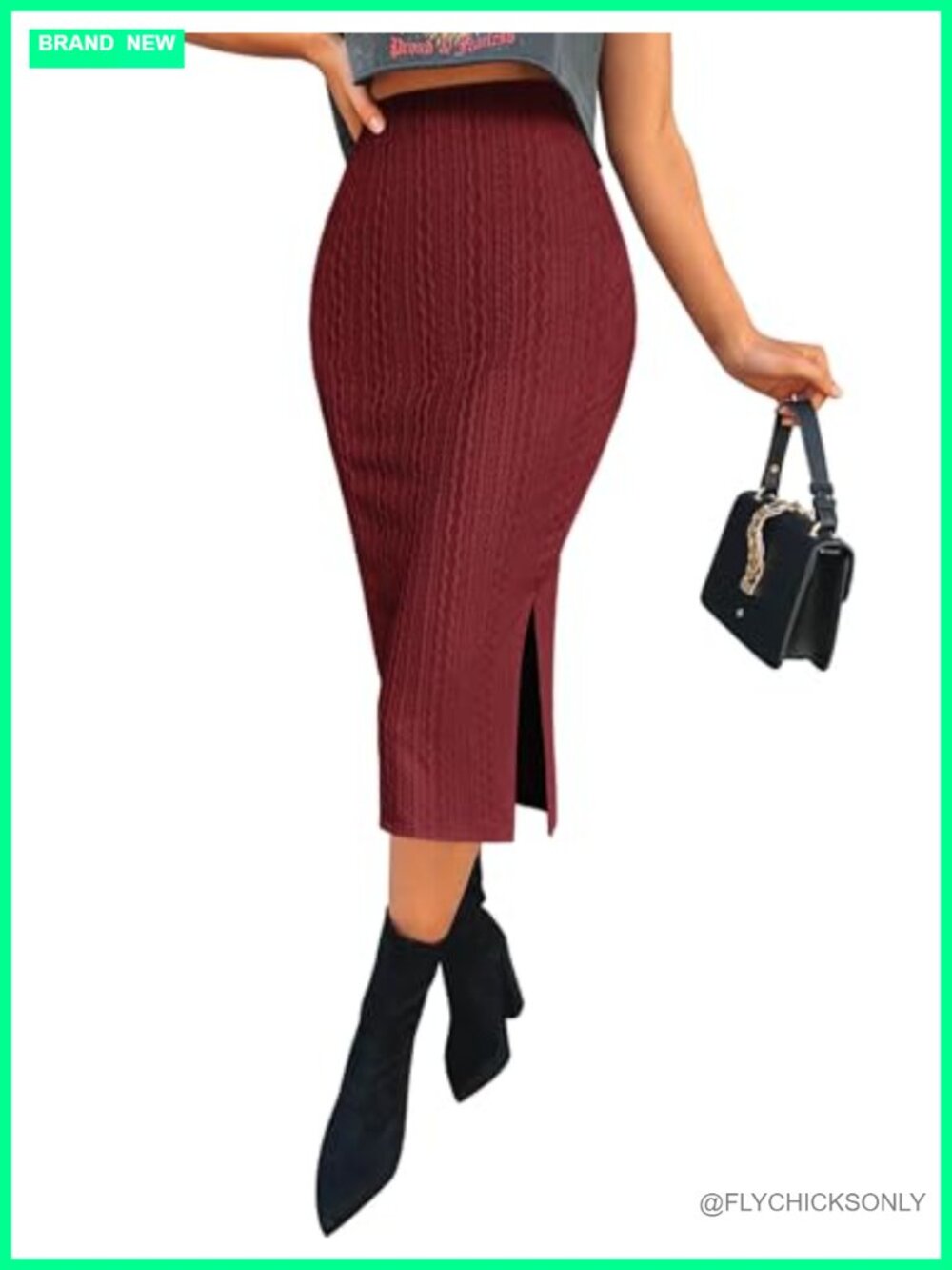 Women's Knit Midi Pencil Skirt High Waisted Long Skirt with Slit Elegant Work